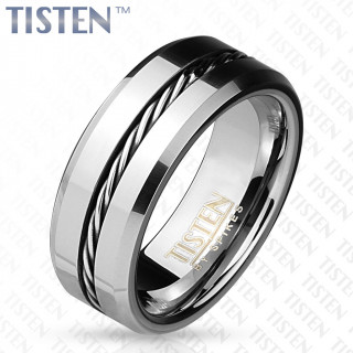 Bague homme en Tisten poli � bords biseaut�s et filin torsad�
