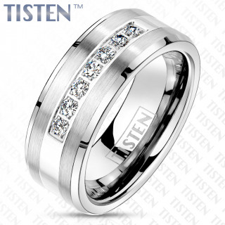 Bague homme en tisten poli et bross� sertie de 7 zirconiums