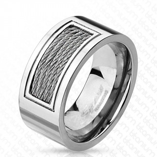 Bague homme en titane argent� avec rectangle de cables m�talliques