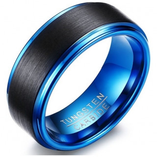 Bague homme en tungstene bleu � bande bross�e noire