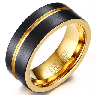 Bague homme en tungst�ne dor�e � rainure et bandes noires bross�es