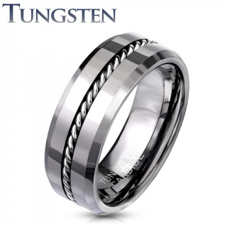 Bague homme en tungst�ne gris avec cable central