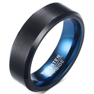 Bague homme en tungst�ne noir bross� et bleu poli