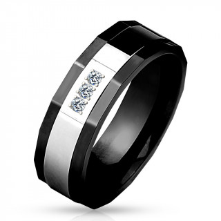 Bague homme exagonale en acier noir � bande argent�e sertie