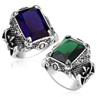 Bague homme / femme gothique en acier � pierre carr�e, griffes et fleur de lys