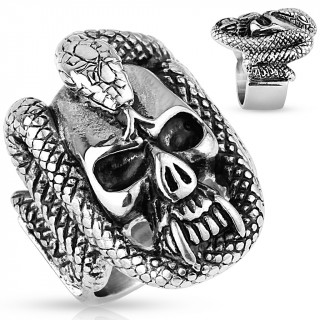 Bague homme gohique � serpent enlac� autours d'un crane