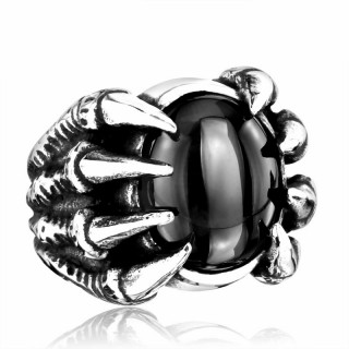 Bague homme gothique en acier � pierre ovale noire et griffes de dragon