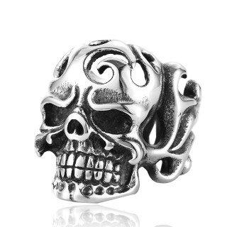 Bague homme gothique en acier � t�te de mort enflamm�e
