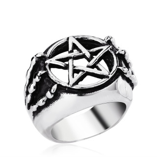 Bague homme gothique en acier avec pentacle et griffes d�moniaques
