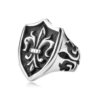 Bague homme gothique en acier en forme de bouclier avec fleur de lys