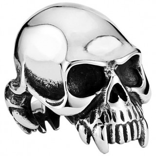 Bague homme gothique en acier � t�te de morts avec crocs