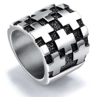 Bague homme large en acier � parterre de croix