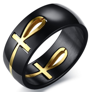 Bague homme noir en acier � Ankh dor�