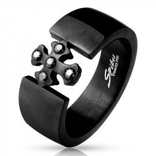 Bague homme noir en acier avec croix m�di�vale sertie