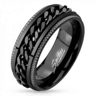 Bague homme noire anti-stress en acier avec chaine et bords dent�s