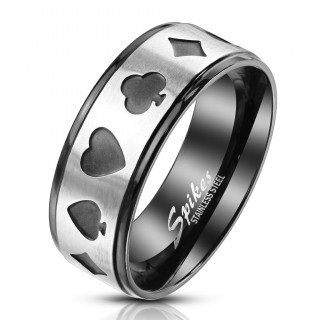 Bague homme noire en acier � bandeau poker gris bross�