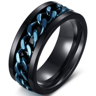 Bague homme noire en acier � chaine bleue