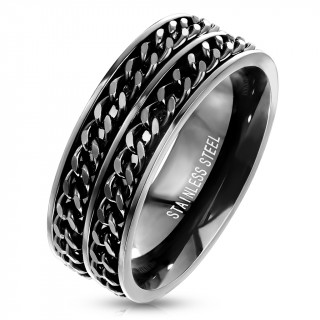 Bague homme noire en acier � duo de chaines