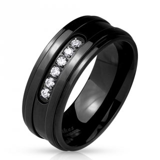 Bague homme noire en acier � encoche arrondie sertie de 6 pierres