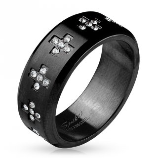 Bague homme noire en acier � pourtour de croix zirconium
