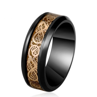 Bague homme noire en acier avec bande cuivr�e � dragons calligraphi�s