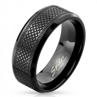 Bague homme noire en acier avec croissillons bord�s de traits
