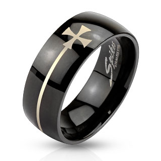 Bague homme noire en acier avec croix de Malte "filante"