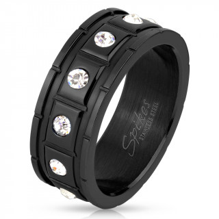 Bague homme noire en acier avec segments rectangulaires serties