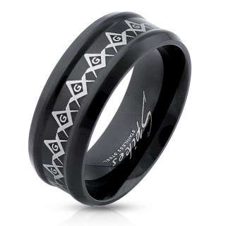 Bague homme noire en acier avec symboles franc-ma�ons