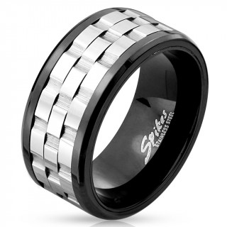 Bague homme noire en acier avec trio de bandeaux anti-stress crant�s