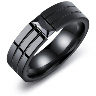 Bague homme noire en acier � 3 bandes et pierre rectangulaire