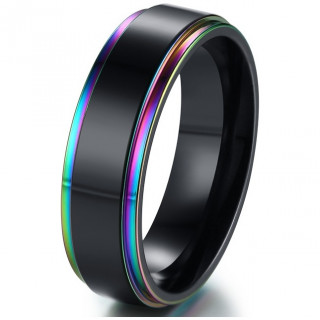 Bague homme noire en acier � bords arc en ciel