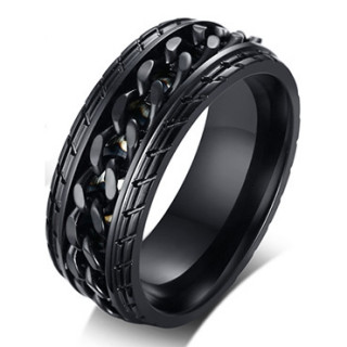 Bague homme noire en acier � chaine et entailles