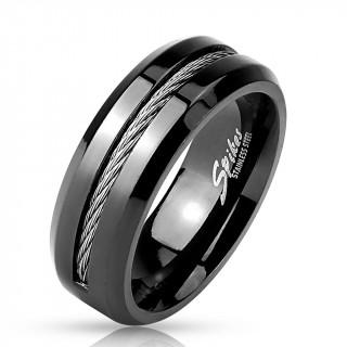 Bague homme noire en acier � encoche avec cable m�tallique