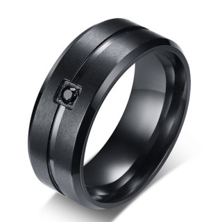 Bague homme noire en acier � rainure sertie