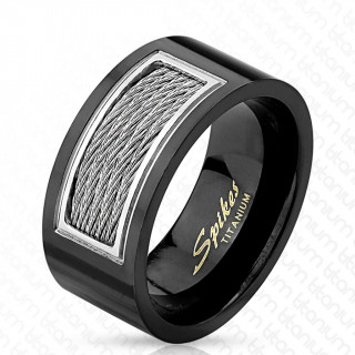 Bague homme noire en titane avec rectangle de cables m�talliques