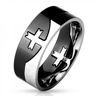 Bague homme noire et argent�e en acier style puzzle avec croix