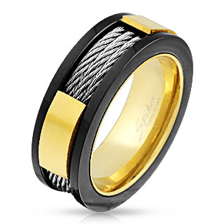 Bague homme noire et dor�e en acier avec filins