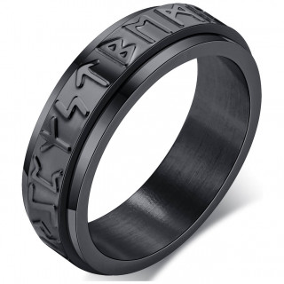 Bague homme noire � runes vikings en acier (bandeau tournant)