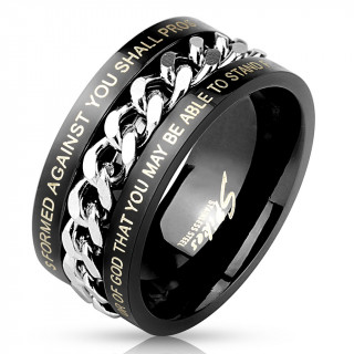 Bague homme noire travers�e d'une chaine avec verset de la bible
