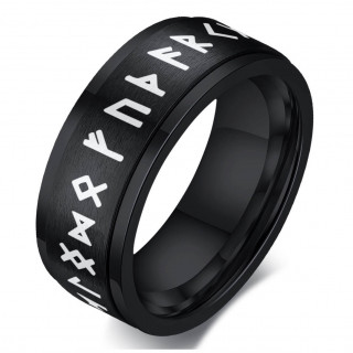 Bague homme noire viking acier � runes grav�es (bandeau tournant)