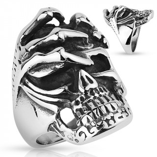 Bague homme t�te de mort � main squelette sur le front