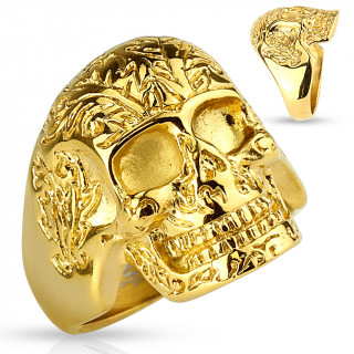 Bague homme t�te de mort dor�e en acier � gravures florales