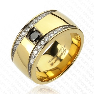 Bague homme en titane dor� avec croissants de pierres claires