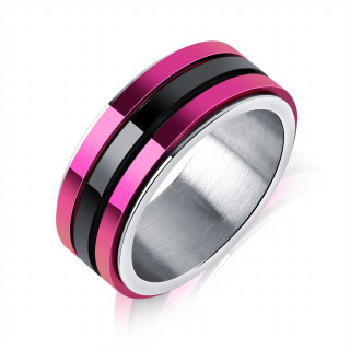 Bague homme 3-tons en acier � bandeau noir et pourpre