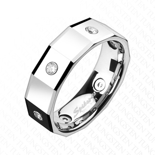Bague homme en tungst�ne � segments carr�s avec pierres claires