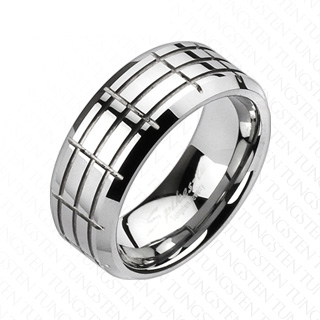 Bague homme en tungst�ne � rainures quadrill�es