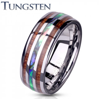 Bague homme tungstene � lignes d'abalone et bois
