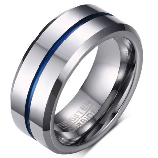 Bague homme tungstene � sillon bleu