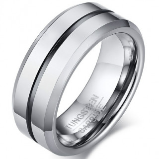 Bague homme tungstene � sillon noir